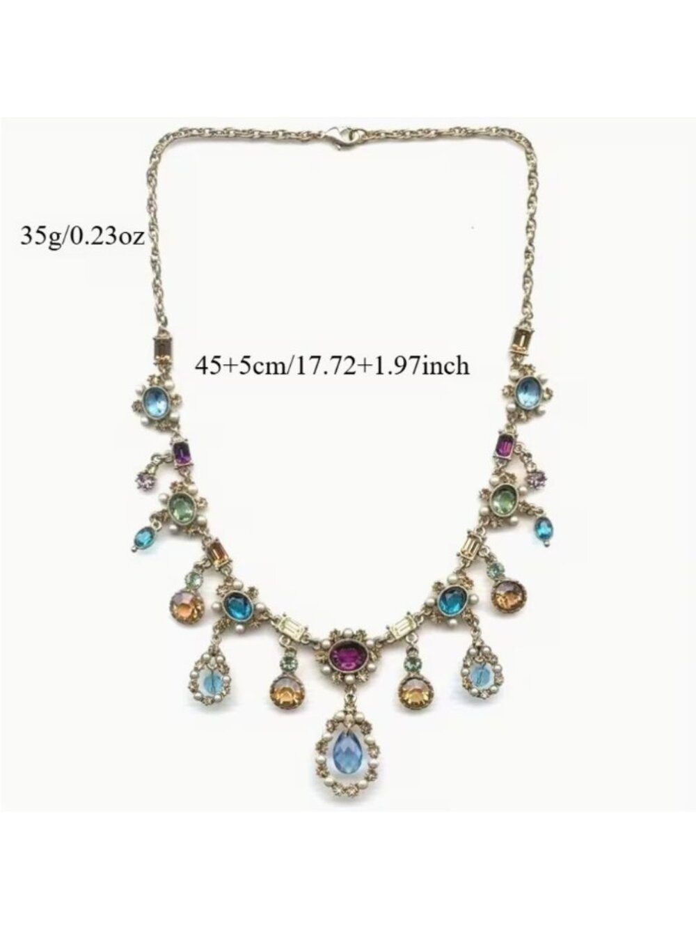 Statement Necklace Multicolor Teardrop Crystals & Pearl Pendants Gold Tone - Picture 3 of 3